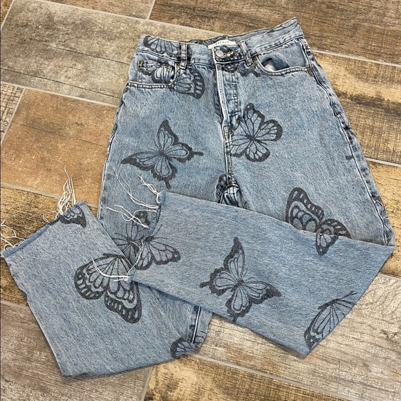 PacSun High Rise Straight Light Blue Denim Jeans Butterfly Print Button Fly 26 - Picture 2 of 10